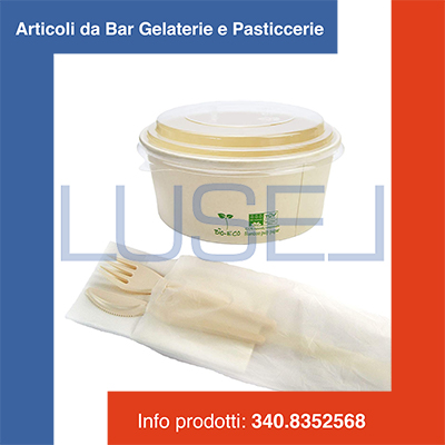 (a20) PZ 50 CONTENITORE COMPOSTABLE CC 750 + COPERCHIO TRASPARENTE COMPOSTABLE + POSATE IMBUSTATE COMPOSTABILI